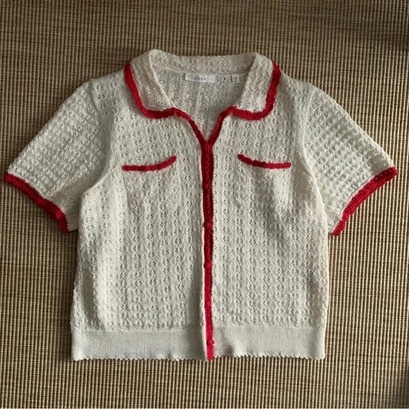 Doen Gloriana Alpaca Silk Collar Crochet Knit Button Sweater Top Moonstone Red - Picture 8 of 14